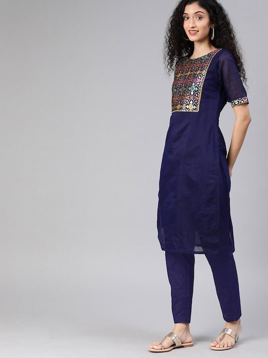 Women Navy Blue & Yellow Yoke Design Kurta with Trousers - Inddus.com