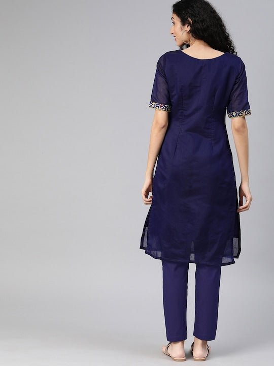 Women Navy Blue & Yellow Yoke Design Kurta with Trousers - Inddus.com