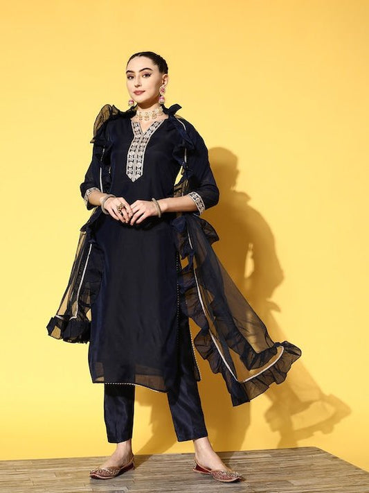 Women Navy Blue Yoke Design Chanderi Cotton Kurta with Trousers & With Dupatta - Inddus.com