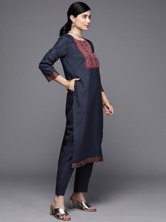 Women Navy Blue Yoke Design Kurta with Trousers - Inddus.com