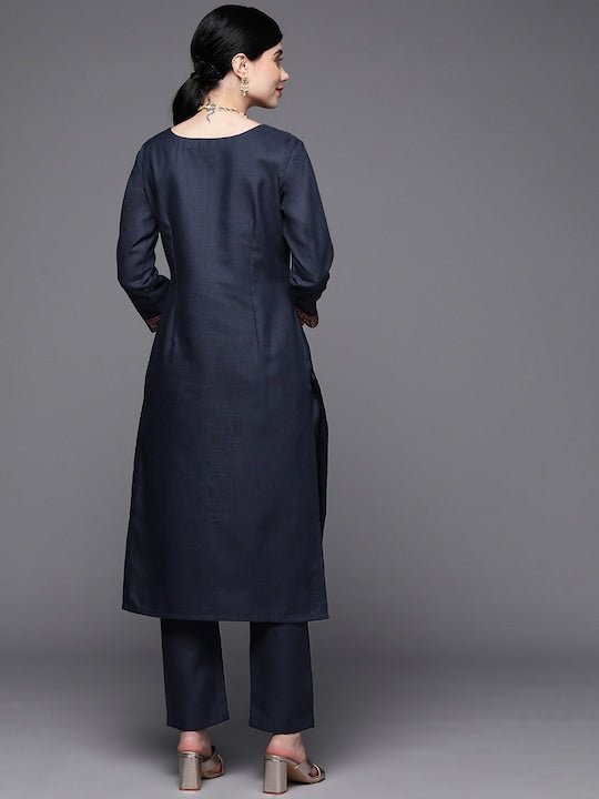 Women Navy Blue Yoke Design Kurta with Trousers - Inddus.com