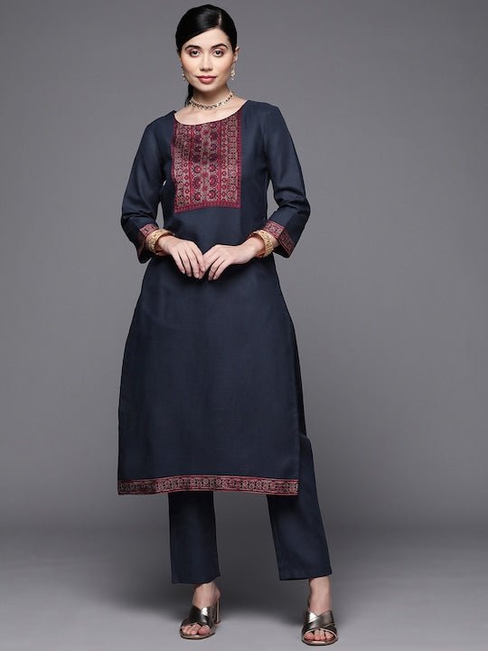 Women Navy Blue Yoke Design Kurta with Trousers - Inddus.com