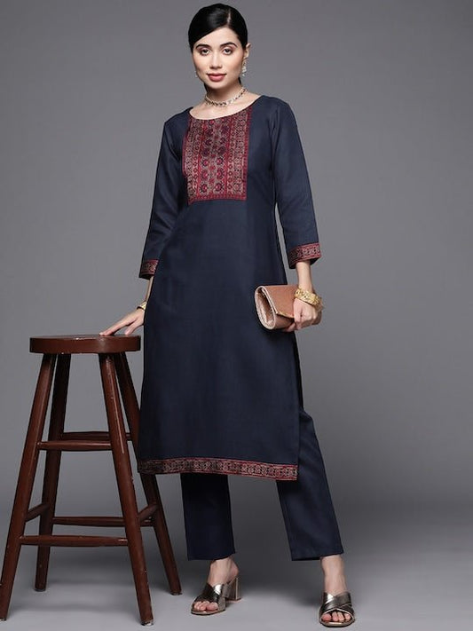 Women Navy Blue Yoke Design Kurta with Trousers - Inddus.com