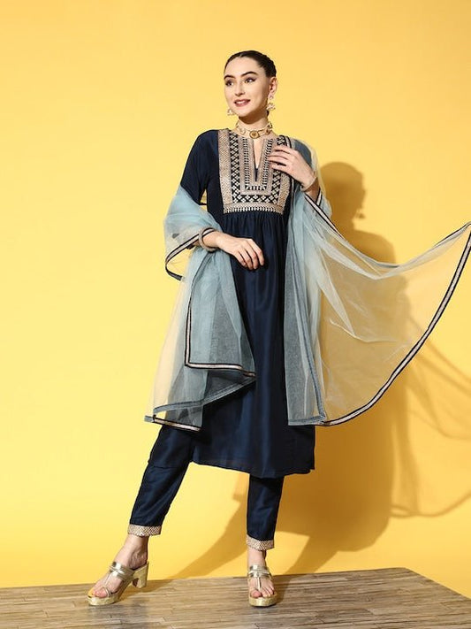 Women Navy Blue Yoke Design Pleated Kurta with Trousers & With Dupatta - Inddus.com