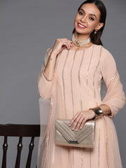 Women Nude-Coloured Striped Sequinned Kurta with Palazzos & With Dupatta - Inddus.com