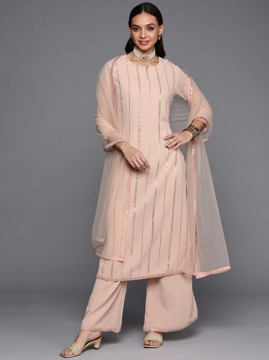 Women Nude-Coloured Striped Sequinned Kurta with Palazzos & With Dupatta - Inddus.com