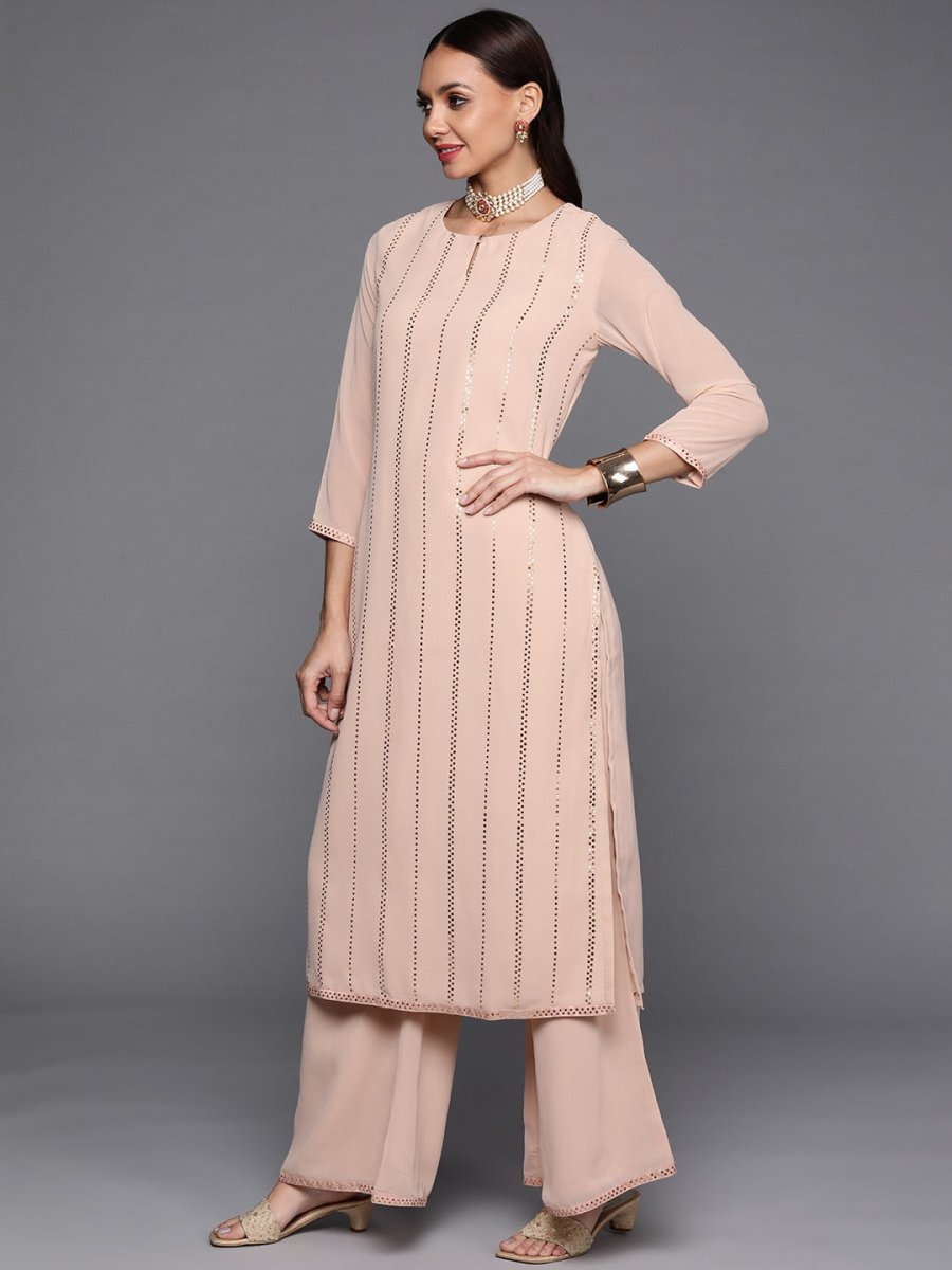 Women Nude-Coloured Striped Sequinned Kurta with Palazzos & With Dupatta - Inddus.com