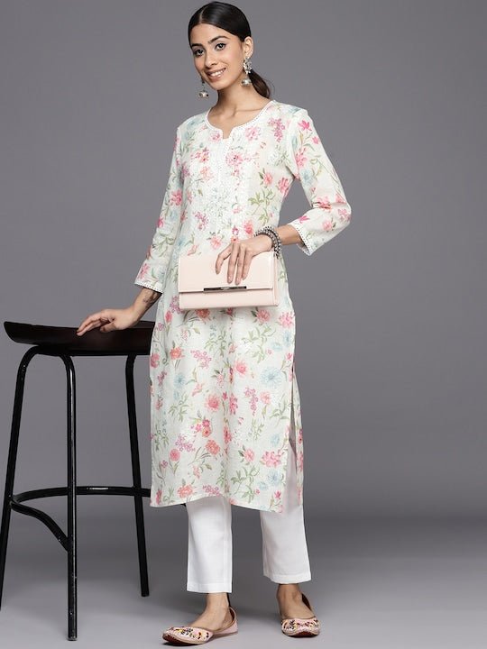 Women Off White Floral Embroidered Regular Chikankari Kurta with Trousers - Inddus.com