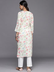 Women Off White Floral Embroidered Regular Chikankari Kurta with Trousers - Inddus.com