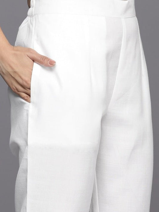 Women Off White Floral Embroidered Regular Chikankari Kurta with Trousers - Inddus.com