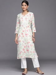 Women Off White Floral Embroidered Regular Chikankari Kurta with Trousers - Inddus.com