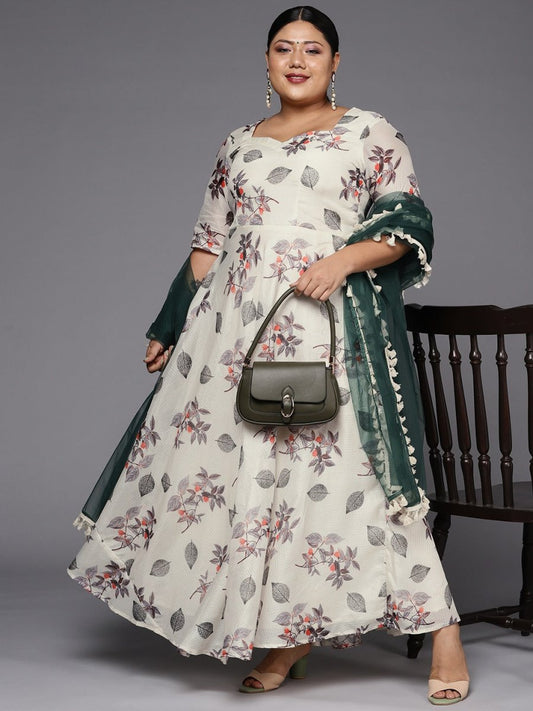 Women Off White & Grey Floral Printed Plus Size Anarkali Kurta With Dupatta - Inddus.com