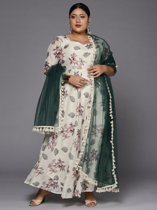 Women Off White & Grey Floral Printed Plus Size Anarkali Kurta With Dupatta - Inddus.com