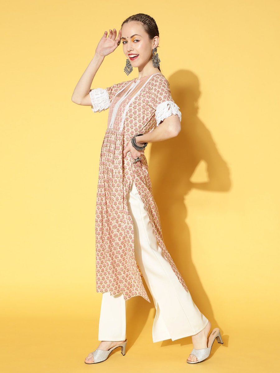 Women Off-White & Pink Floral Block Printed Kurta - Inddus.com