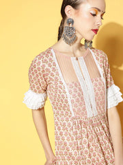 Women Off-White & Pink Floral Block Printed Kurta - Inddus.com