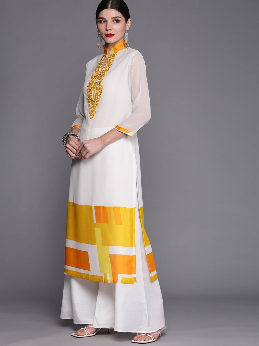 Women Off White & Yellow Embroidered Kurta with Palazzos & Dupatta - Inddus.com