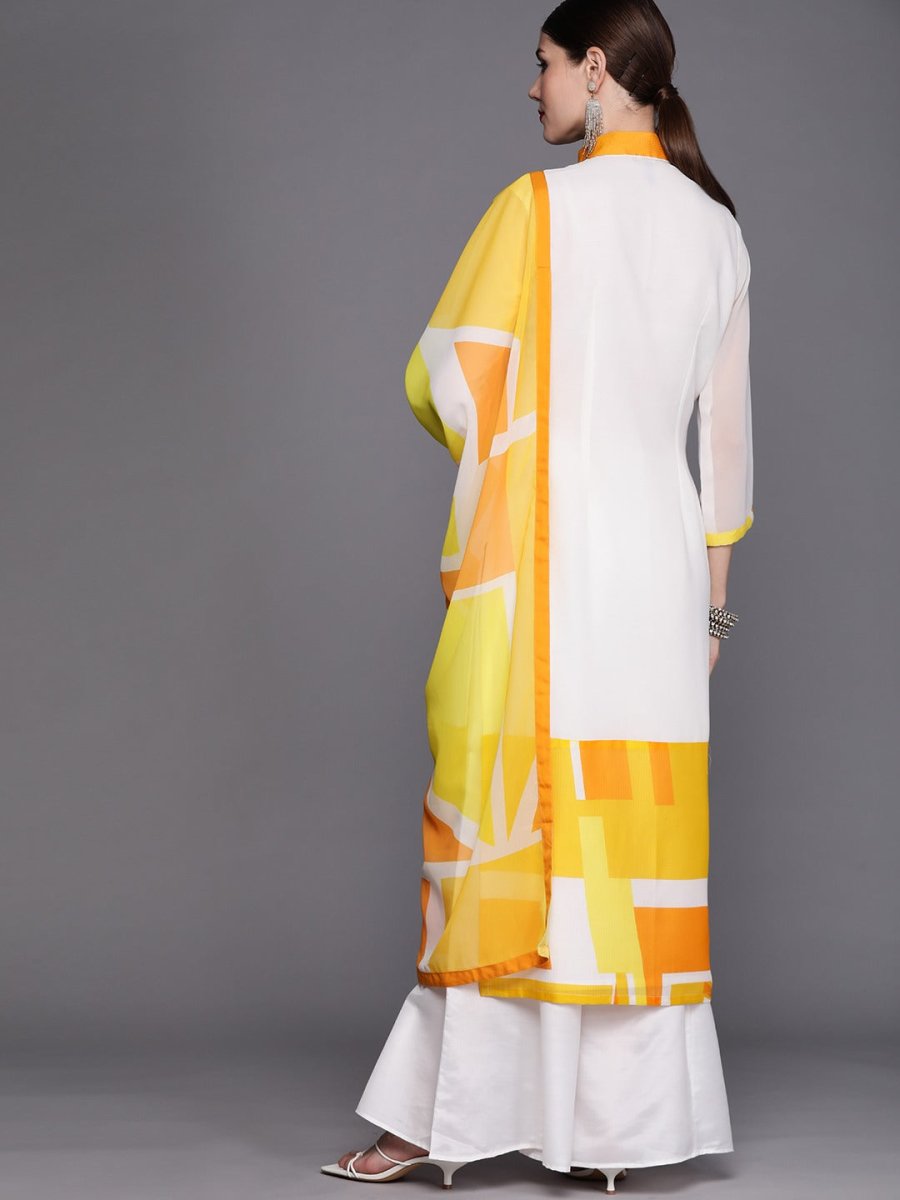 Women Off White & Yellow Embroidered Kurta with Palazzos & Dupatta - Inddus.com