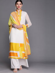 Women Off White & Yellow Embroidered Kurta with Palazzos & Dupatta - Inddus.com