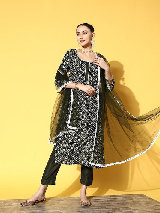 Women Olive Green Embroidered Thread Work Kurta with Trousers & With Dupatta - Inddus.com