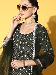 Women Olive Green Embroidered Thread Work Kurta with Trousers & With Dupatta - Inddus.com