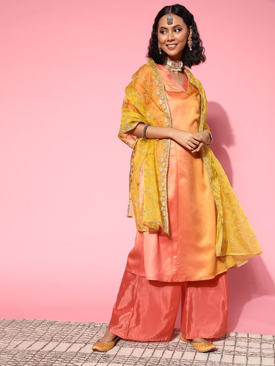 Women Ombre Satin Ethereal Embroidery Kurta Set - Inddus.com