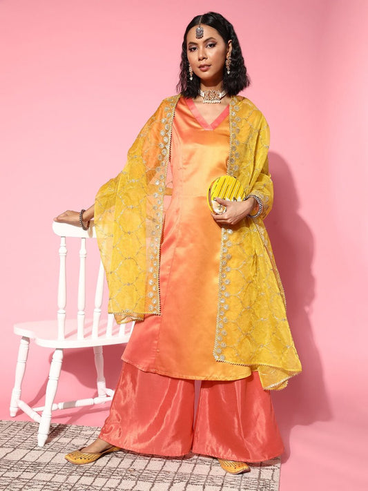 Women Ombre Satin Ethereal Embroidery Kurta Set - Inddus.com