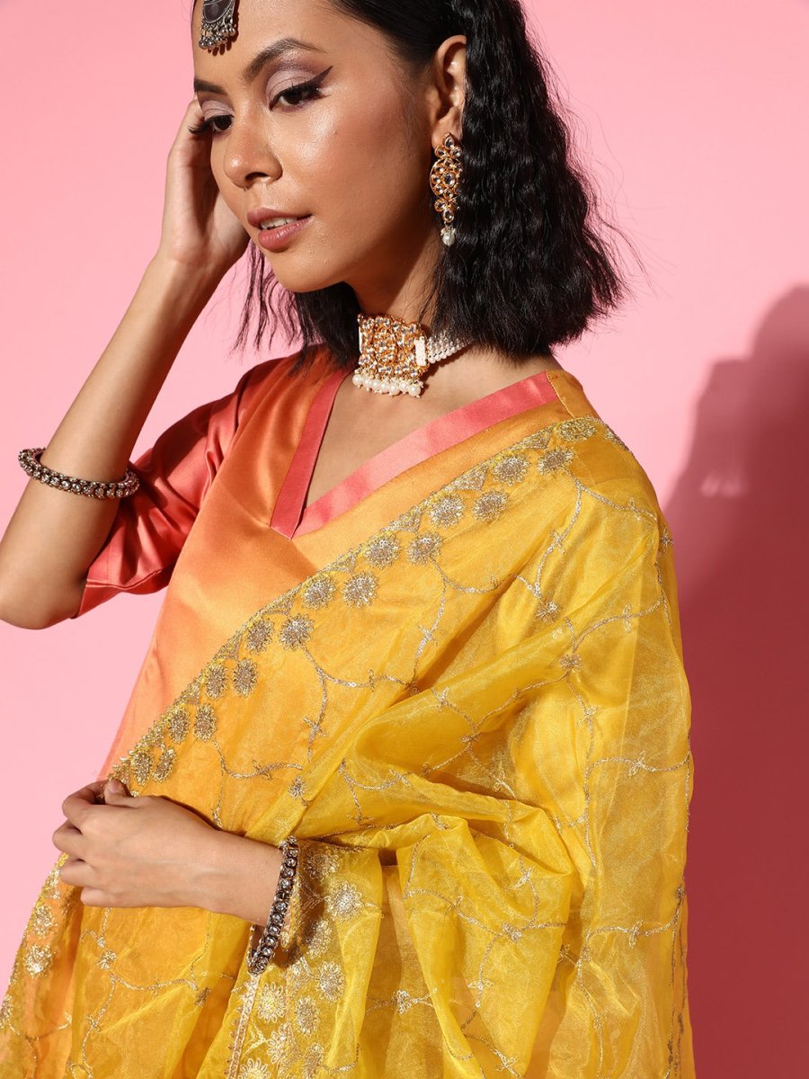 Women Ombre Satin Ethereal Embroidery Kurta Set - Inddus.com