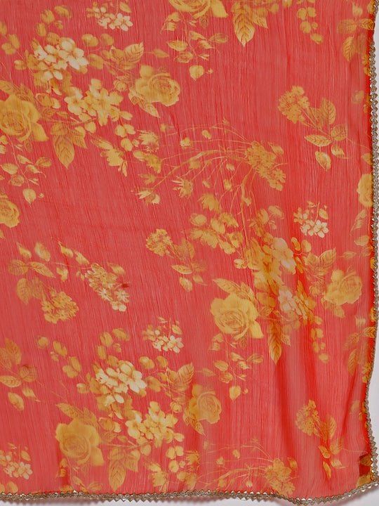 Women Orange Floral Printed Kurta with Trousers & With Dupatta - Inddus.com