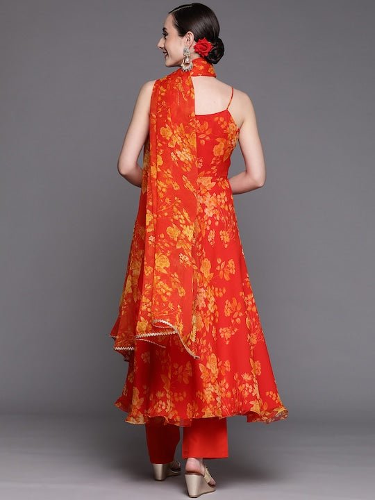 Women Orange Floral Printed Kurta with Trousers & With Dupatta - Inddus.com