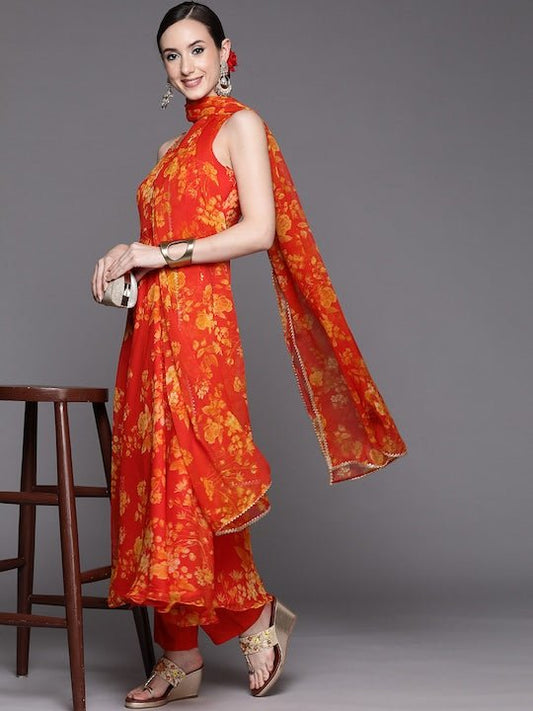 Women Orange Floral Printed Kurta with Trousers & With Dupatta - Inddus.com