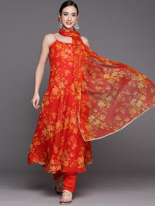 Women Orange Floral Printed Kurta with Trousers & With Dupatta - Inddus.com