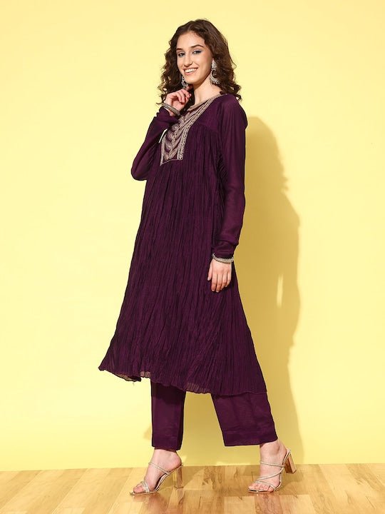 Women Paisley Yoke Design Pleated Kurta with Trousers & With Dupatta - Inddus.com