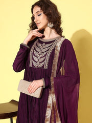 Women Paisley Yoke Design Pleated Kurta with Trousers & With Dupatta - Inddus.com