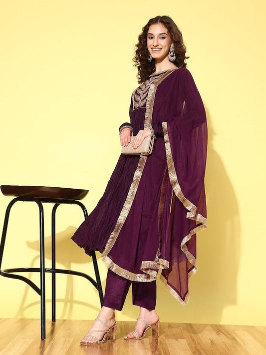 Women Paisley Yoke Design Pleated Kurta with Trousers & With Dupatta - Inddus.com