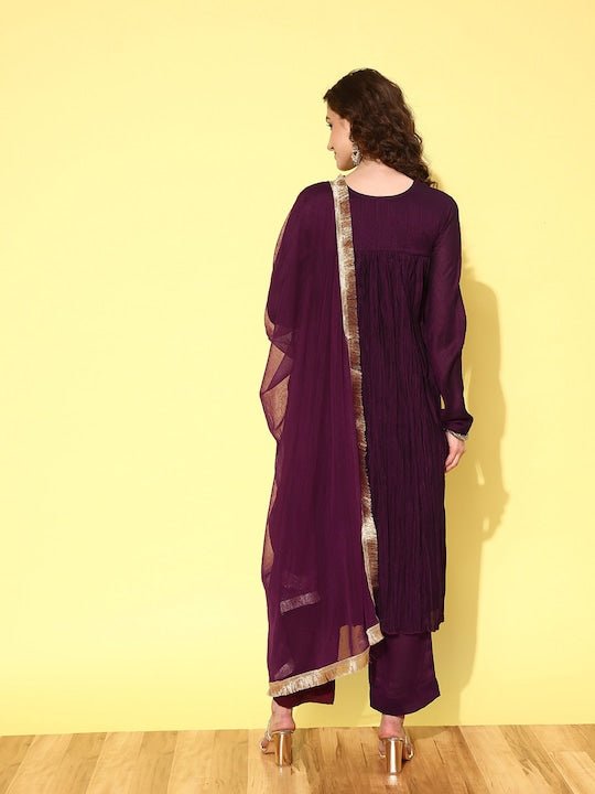 Women Paisley Yoke Design Pleated Kurta with Trousers & With Dupatta - Inddus.com