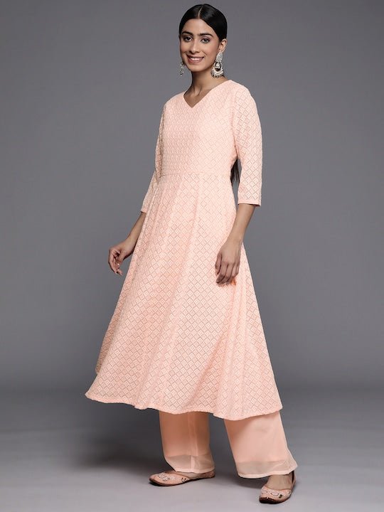 Women Peach-Coloured Embroidered Chikankari Kurta with Palazzos & With Dupatta - Inddus.com