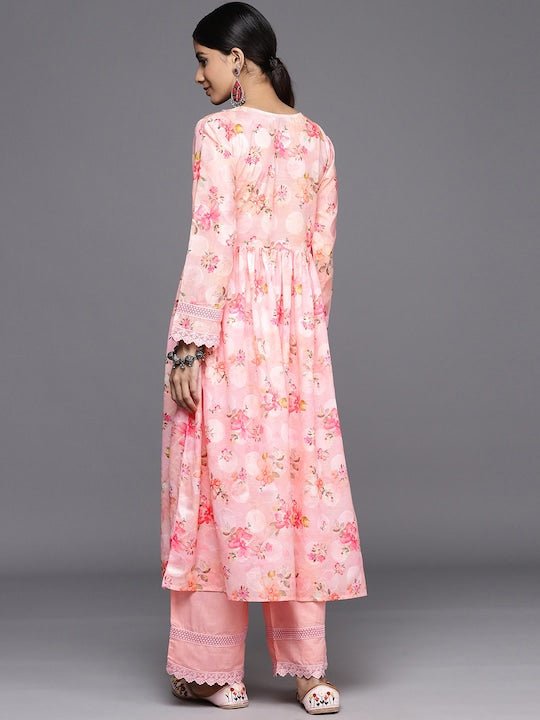 Women Peach-Coloured Floral Printed Pleated Chikankari Kurta with Palazzos - Inddus.com