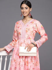 Women Peach-Coloured Floral Printed Pleated Chikankari Kurta with Palazzos - Inddus.com