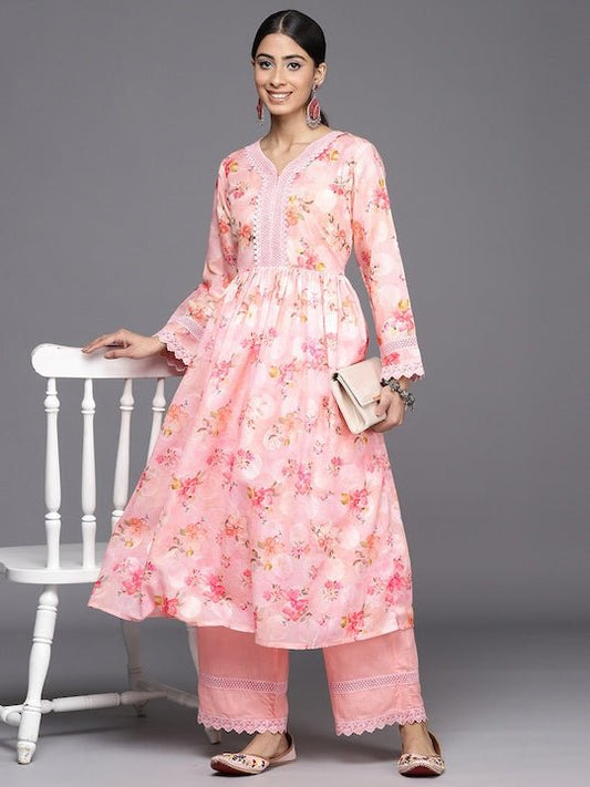 Women Peach-Coloured Floral Printed Pleated Chikankari Kurta with Palazzos - Inddus.com