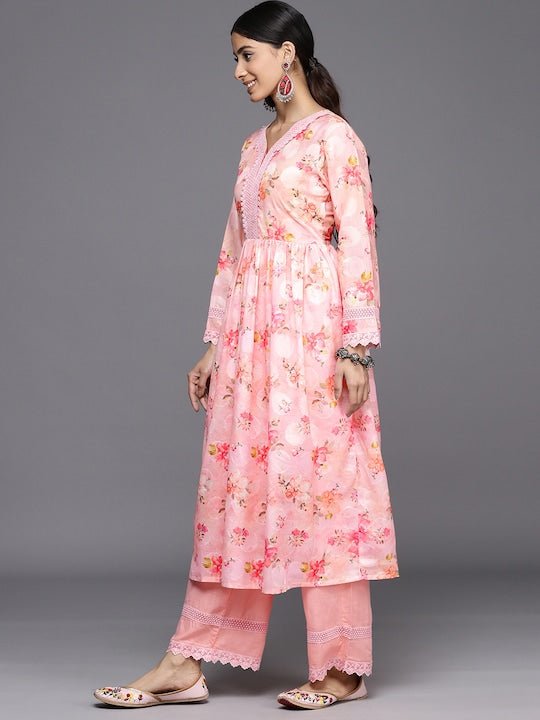 Women Peach-Coloured Floral Printed Pleated Chikankari Kurta with Palazzos - Inddus.com