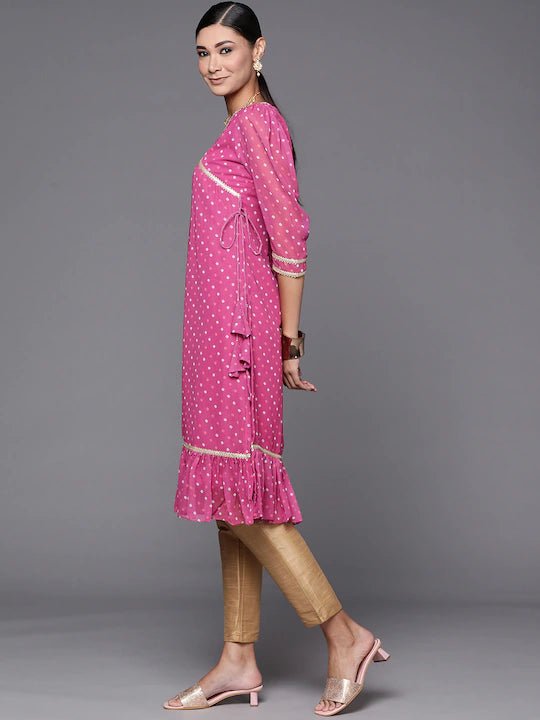 Women Pink Bandhani Printed Tie-up Kurta - Inddus.com