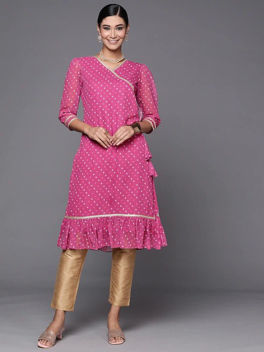 Women Pink Bandhani Printed Tie-up Kurta - Inddus.com