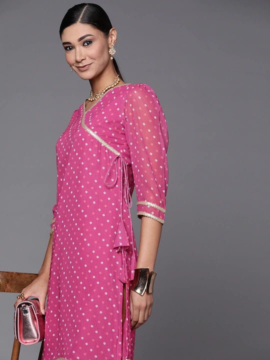 Women Pink Bandhani Printed Tie-up Kurta - Inddus.com