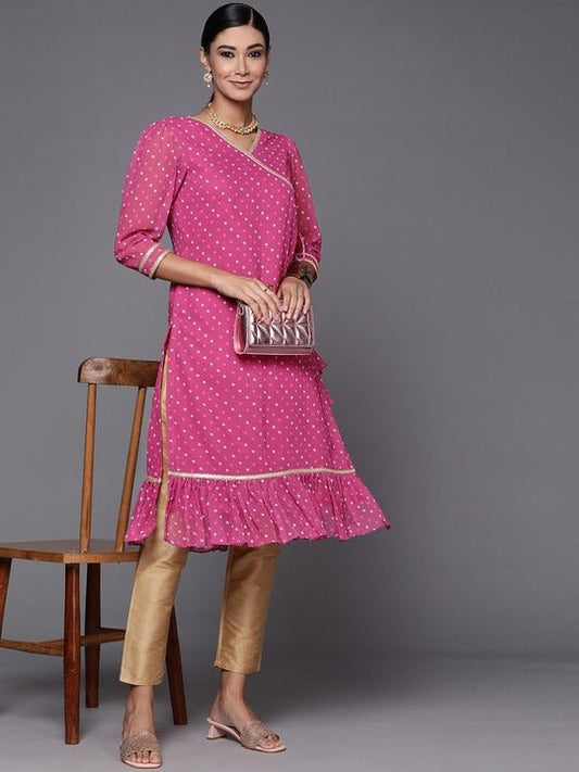 Women Pink Bandhani Printed Tie-up Kurta - Inddus.com