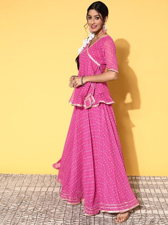 Women Pink Bandhani Printed Tie up Top Skirt - Inddus.com