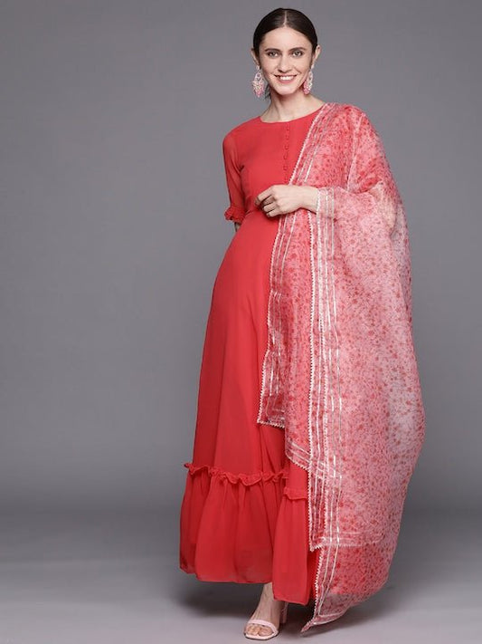 Women Pink Bell Sleeves Georgette Anarkali Kurta With Dupatta - Inddus.com