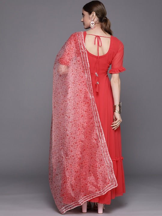 Women Pink Bell Sleeves Georgette Anarkali Kurta With Dupatta - Inddus.com