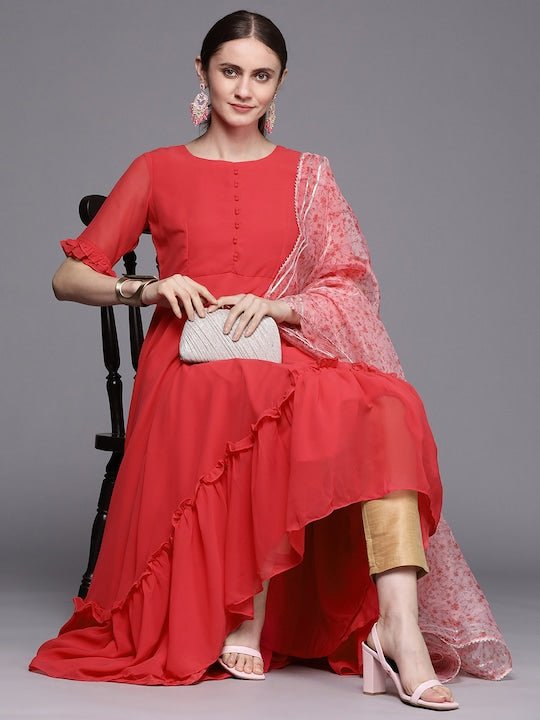 Women Pink Bell Sleeves Georgette Anarkali Kurta With Dupatta - Inddus.com