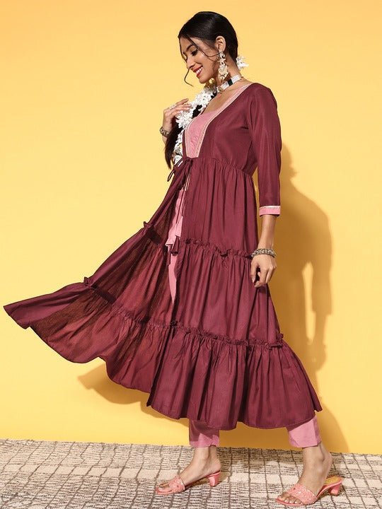 Women Pink Brown High Slit Tie up Kurta with Trouser - Inddus.com