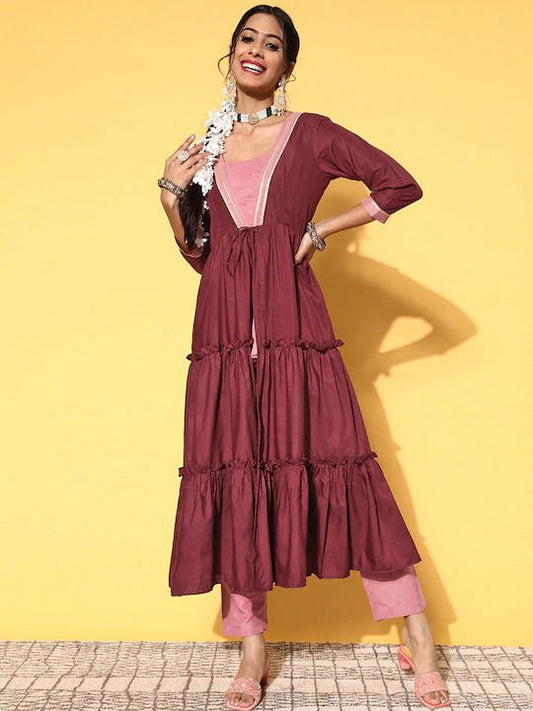 Women Pink Brown High Slit Tie up Kurta with Trouser - Inddus.com